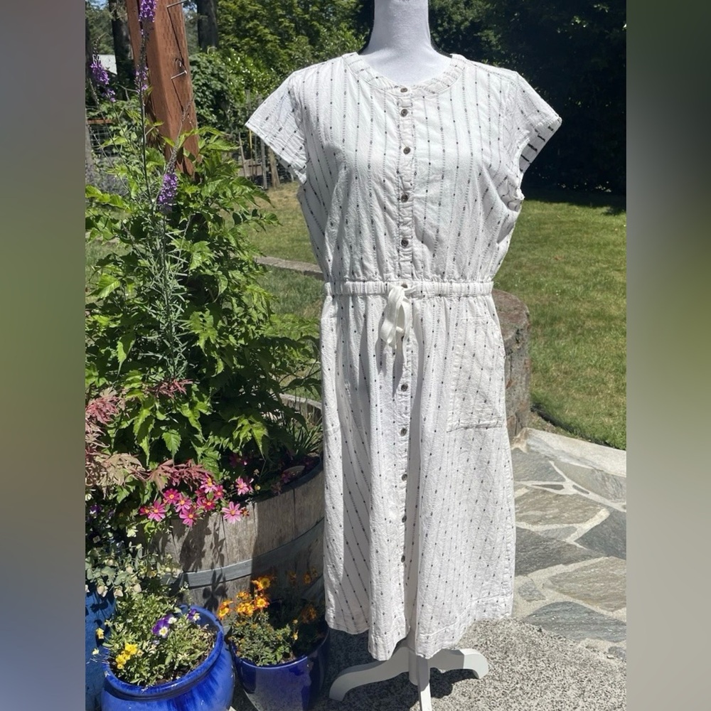 LOFT White Button-Front Drawstring Midi Dress with Subtle Stripe